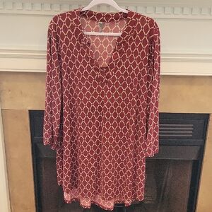 Long Sleeve Burgundy Geometric Print Tunic